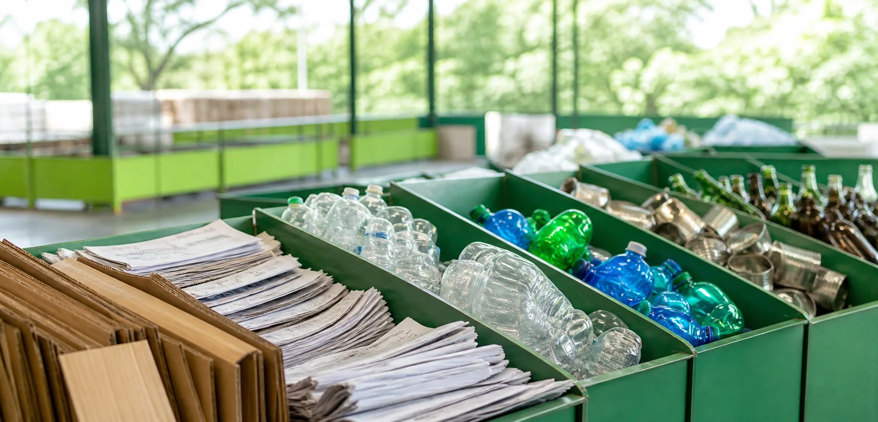 Separated paper, plastic, metal and glass recycling streams